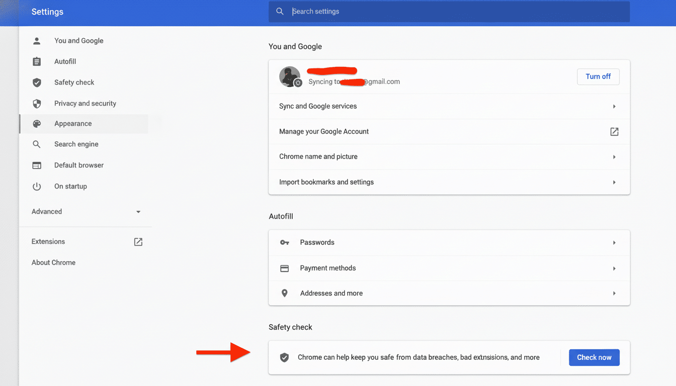 Screenshot of Google Chrome settings page , highlighting the Safety check section with an arrow pointing to Chrome can help keep you safe from data breaches, bad extensions , and more and a Check now button.