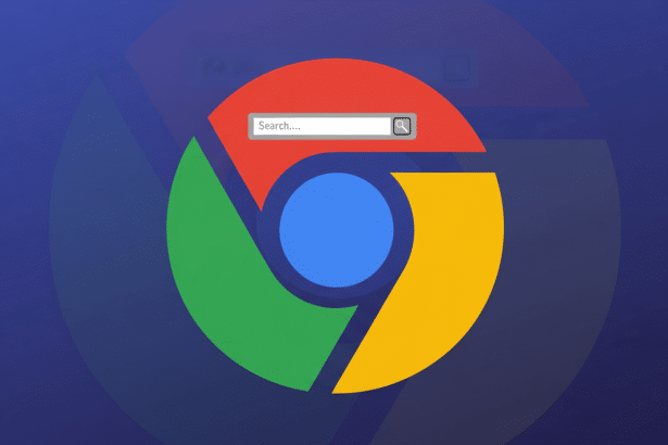 The Google Chrome logo with a search bar on top , presented on a blue background with subtle gradients and soft patterns, professionally enhanced and resized to a 16: 9 aspect ratio.