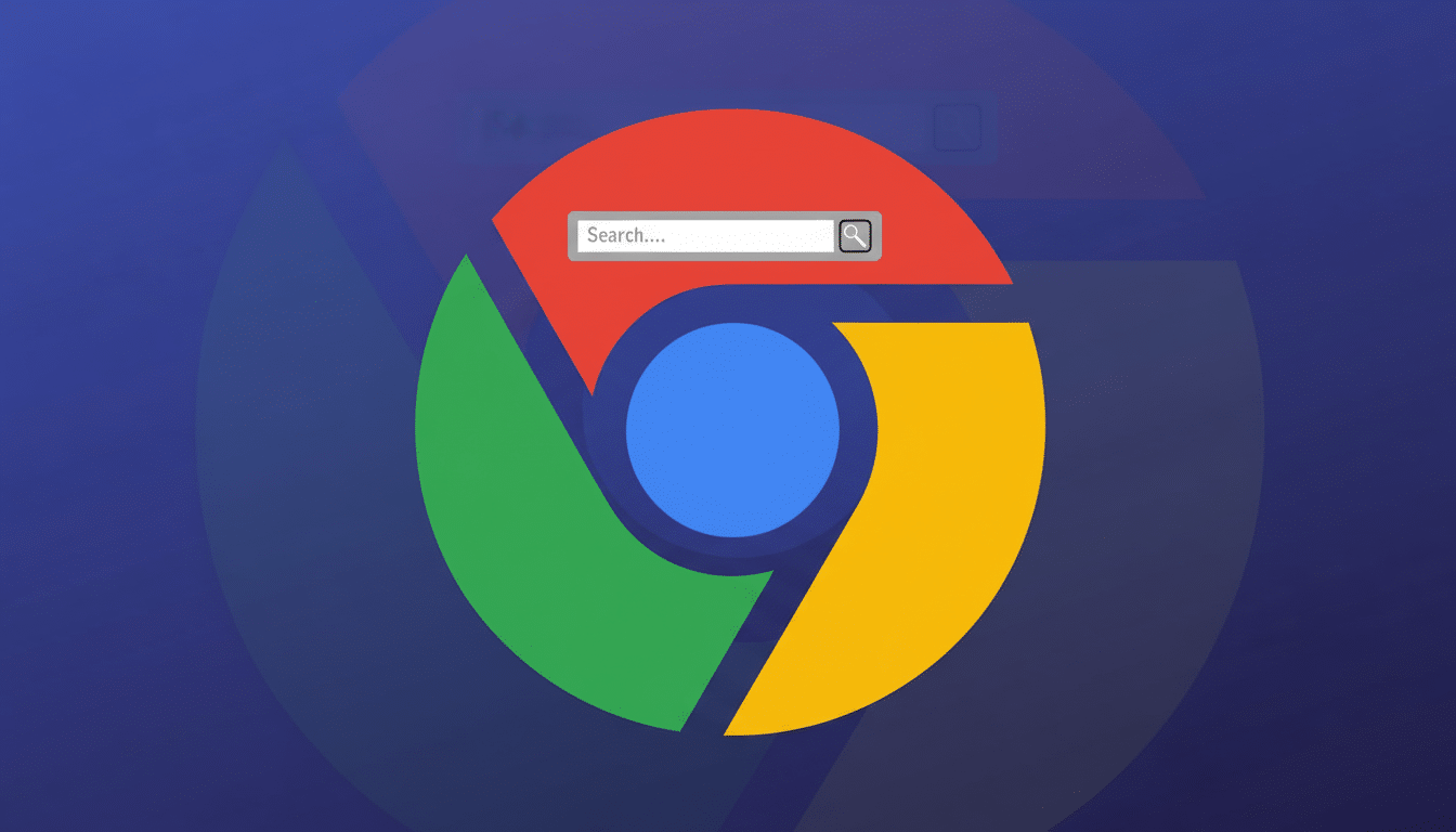 The Google Chrome logo with a search bar on top , presented on a blue background with subtle gradients and soft patterns, professionally enhanced and resized to a 16: 9 aspect ratio.