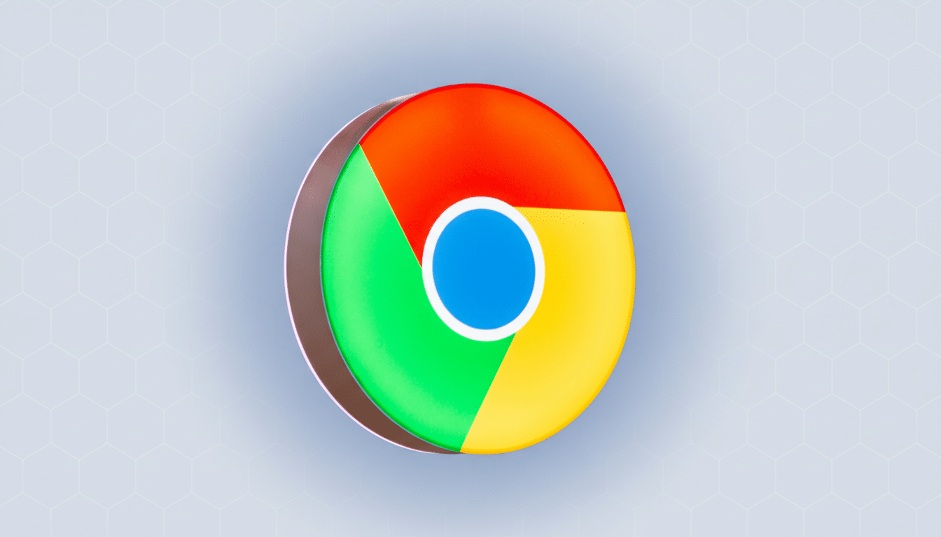 A 16:9 aspect ratio image of a brightly lit Google Chrome logo, featuring its signature red, green , and yellow segments with a central blue circle, against a soft gray background with a subtle hexagonal pattern.