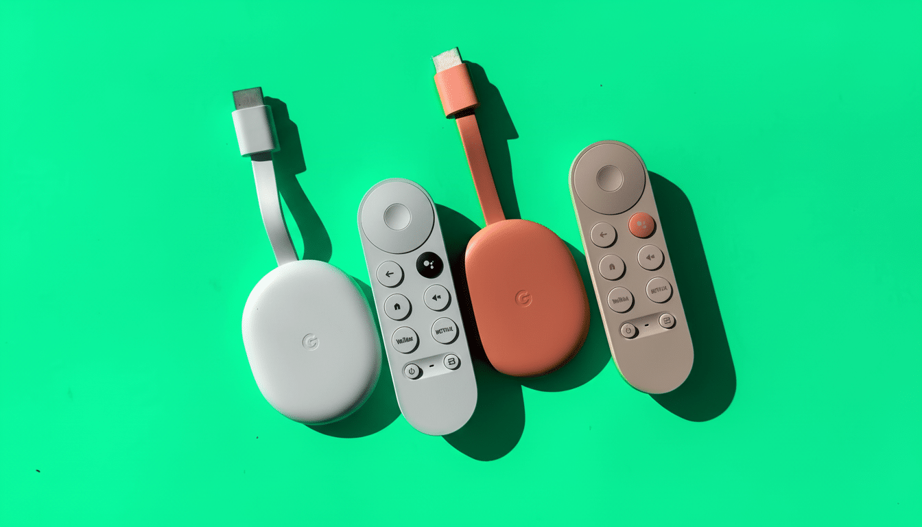A top -down shot of two Google Chromecast devices and their corresponding remotes on a vibrant green background. The devices are white and coral, with the remotes featuring white and grey buttons.
