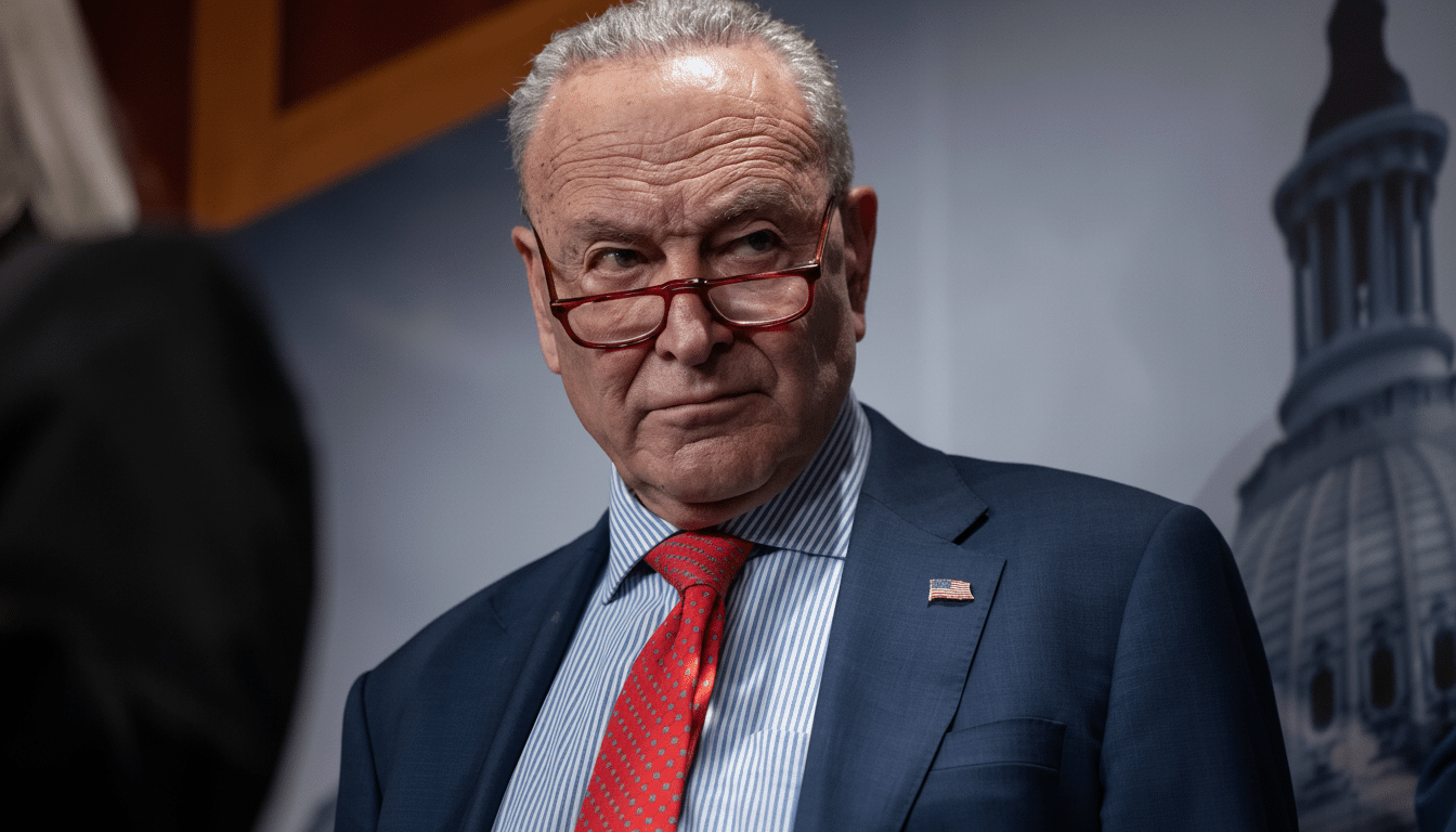 Chuck Schumer in a suit and tie looking serious with his glasses lowered .