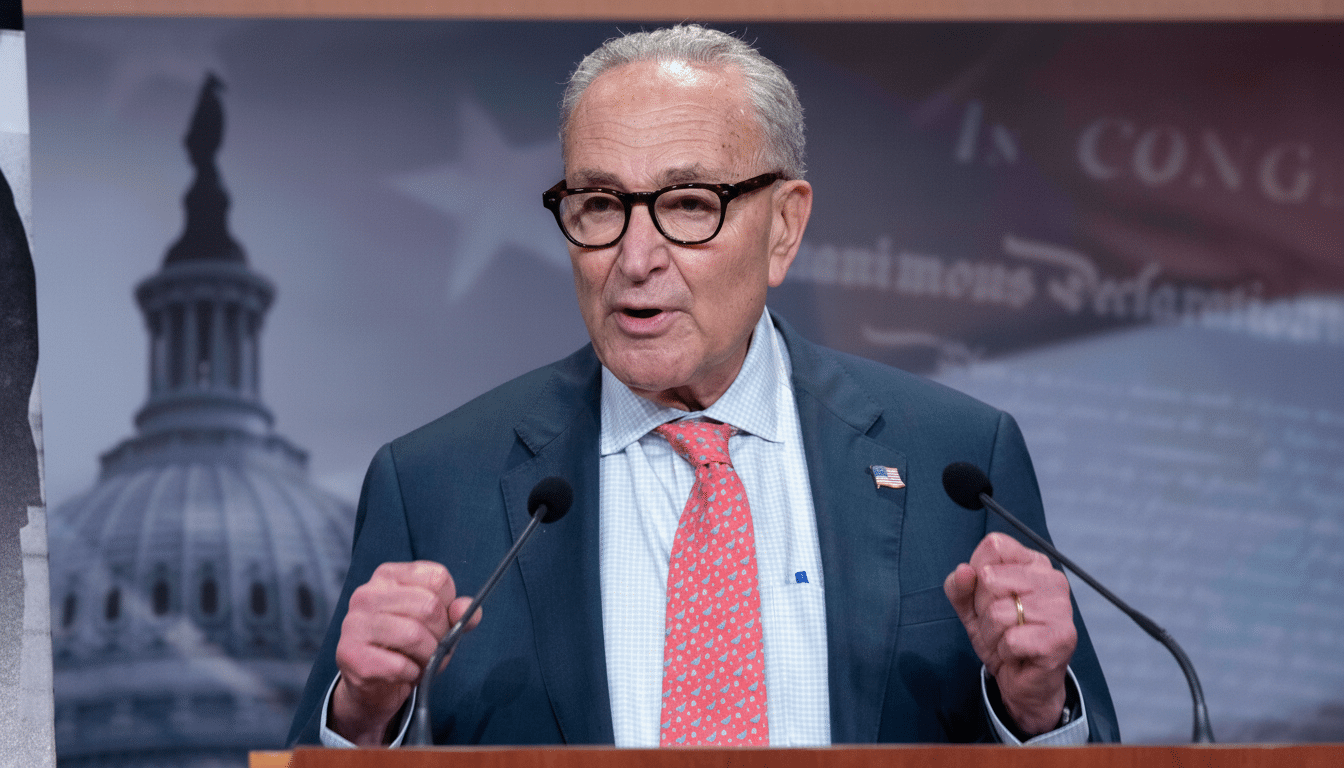 ** Senator Chuck Schumer speaking at a podium with the Capitol Building and a document in the background. **