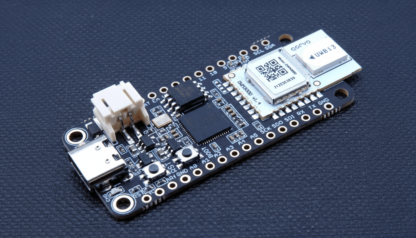 A professional, enhanced image of a black circuit board with various electronic components, including a white module with a QR code and Q or vo brandi