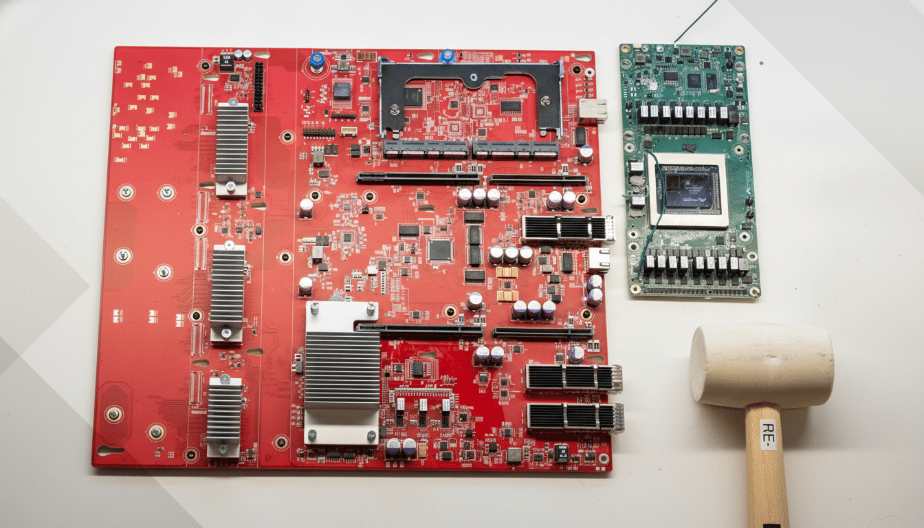 A red circuit board with various components, next to a smaller green circuit board and a wooden mallet, all against a white background with a subtle geometric pattern . Filename : circuitboards mal let enhanced .png