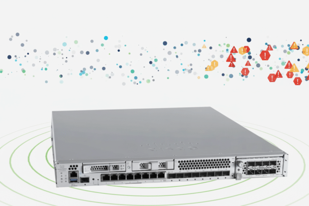 A professional, enhanced image of a Cisco network switch with its original background featuring abstract colorful dots and a cluster of red and orange exclamation marks. The image is resized to a 1 6:9 aspect ratio. Filename : cisco networkswitch enhanced.png