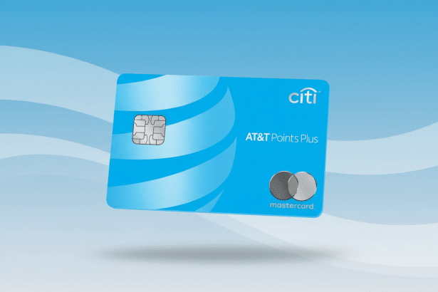 A professional , enhanced image of the Citi AT &T Points Plus credit card with a light blue background and subtle wave patterns, presented in a 16:9 aspect ratio.