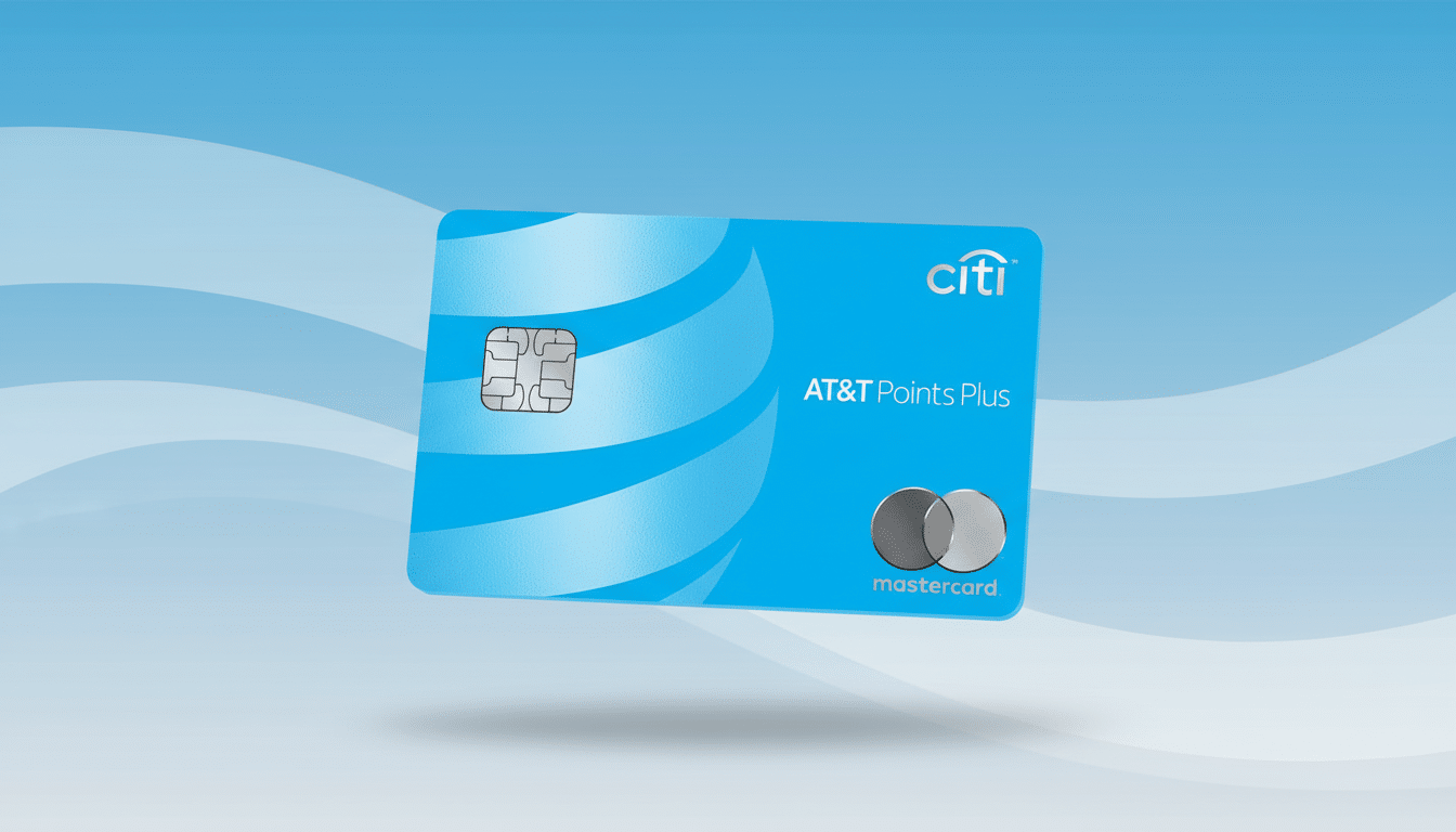 A professional , enhanced image of the Citi AT &T Points Plus credit card with a light blue background and subtle wave patterns, presented in a 16:9 aspect ratio.