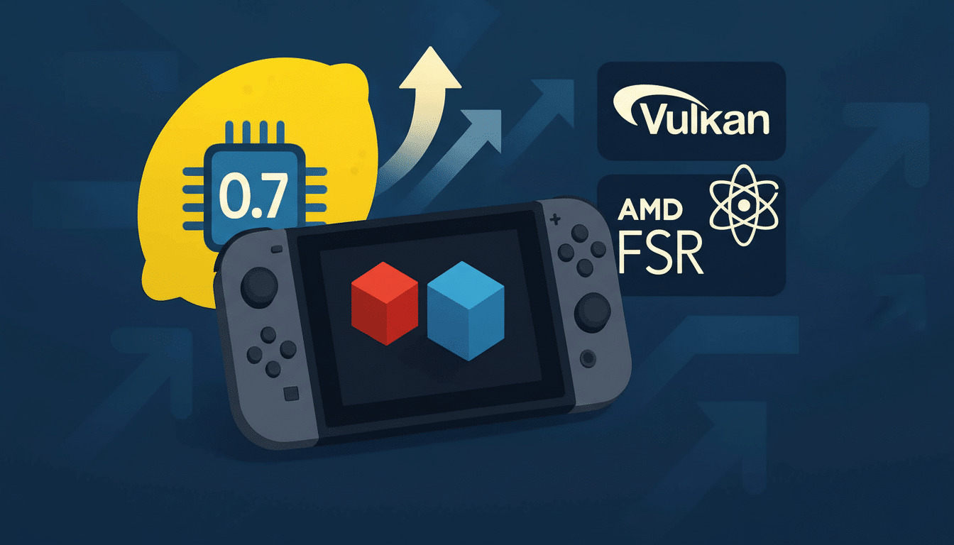 An image advertising Lemon Canary s Y uzu emulator with version 0.7, featuring a Nintendo Switch console displaying red and blue cubes, alongside logo