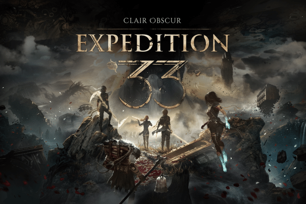 A dark fantasy game poster for Clair Obsc ur Expedition 3 3 featuring multiple adventurers in a ruined, ethereal landscape with floating structures .
