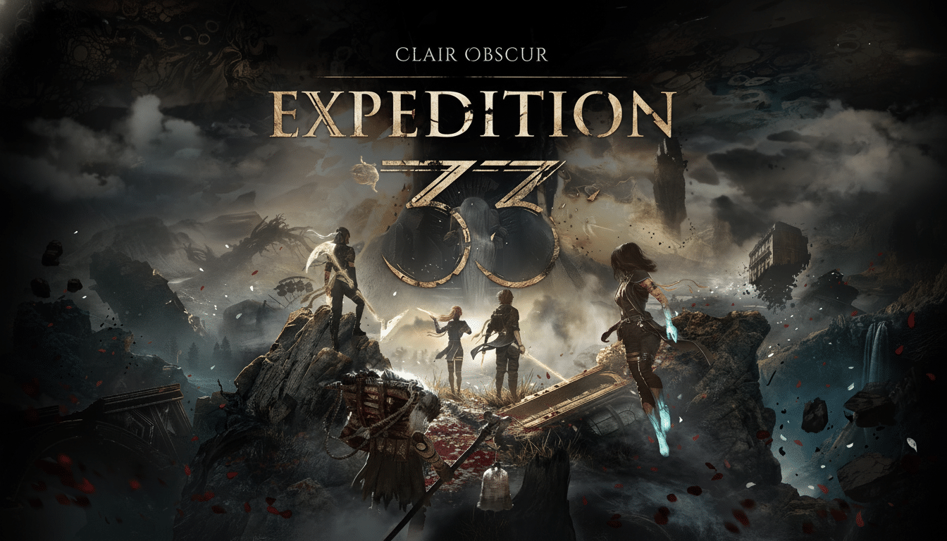 A dark fantasy game poster for Clair Obsc ur Expedition 3 3 featuring multiple adventurers in a ruined, ethereal landscape with floating structures .