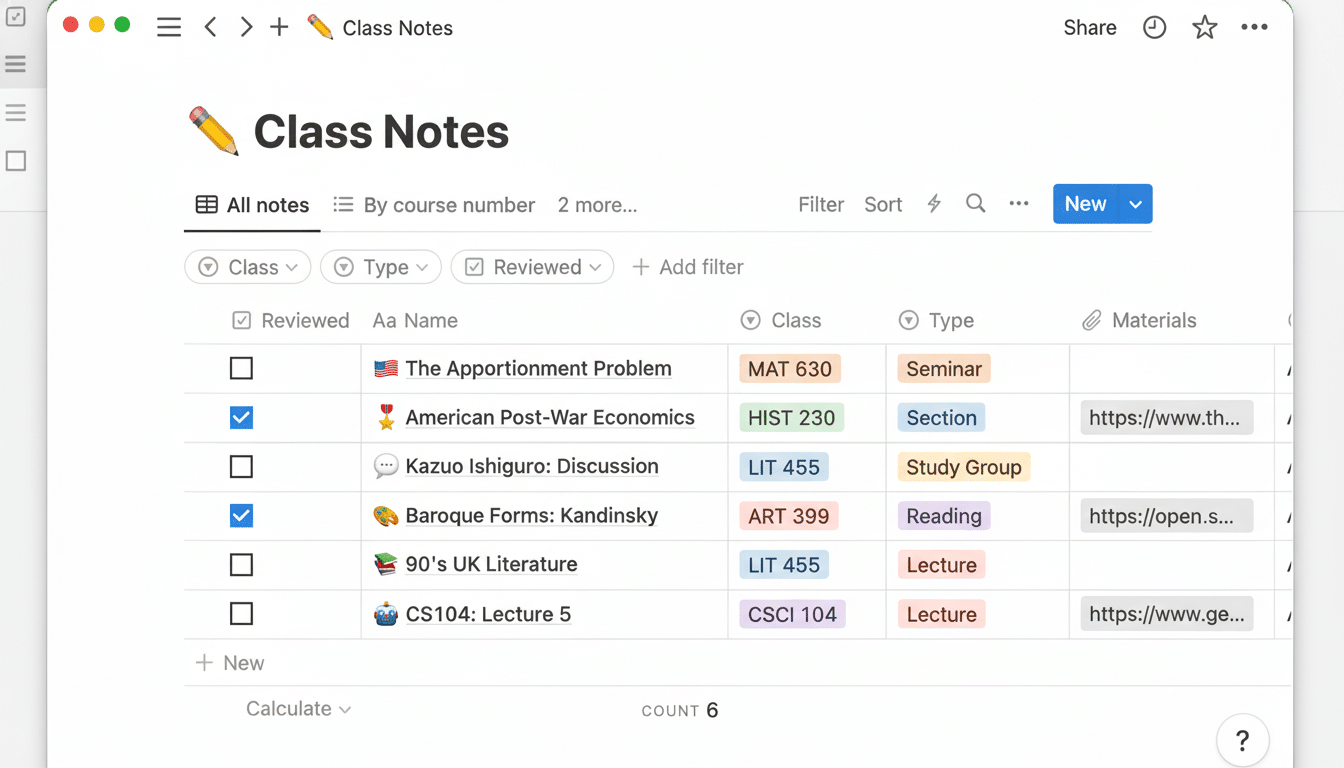 A screenshot of a  Class Notes application interface , displaying a table with various academic subjects , class types, and materials. Filename : classnotes appinterface .png