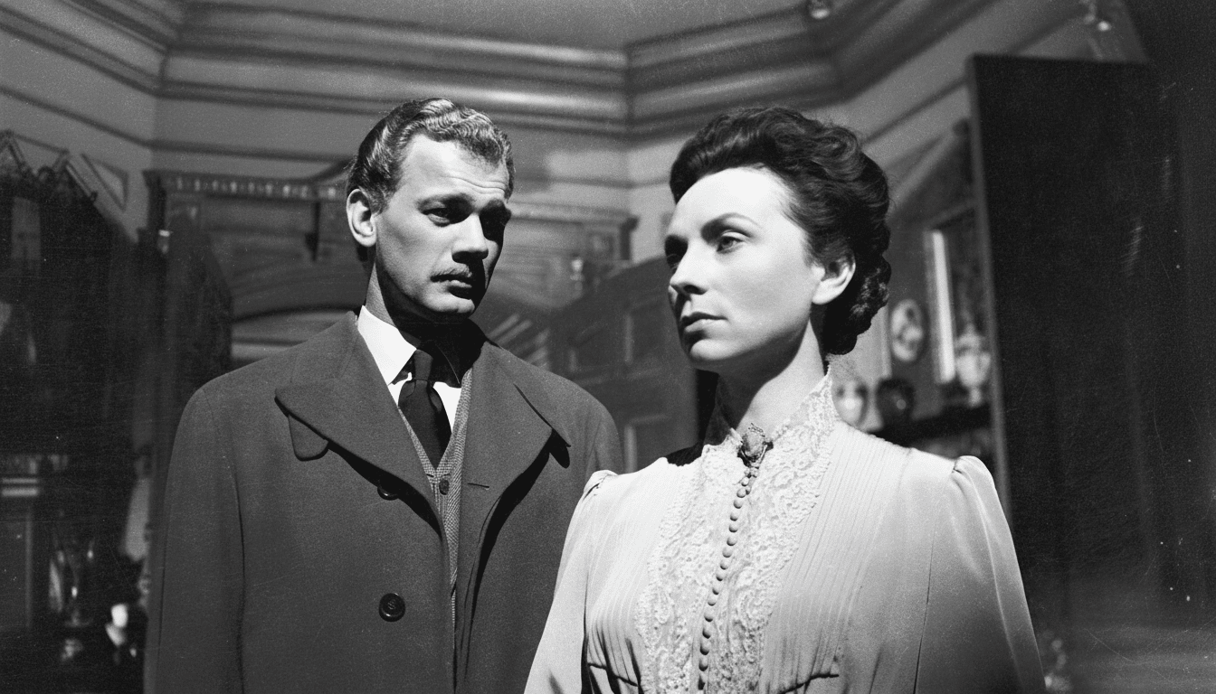 Black and white still from a classic film, showing a man in a coat and tie looking towards a woman in an ornate dress, both with serious expressions, in a dimly lit , grand interior .