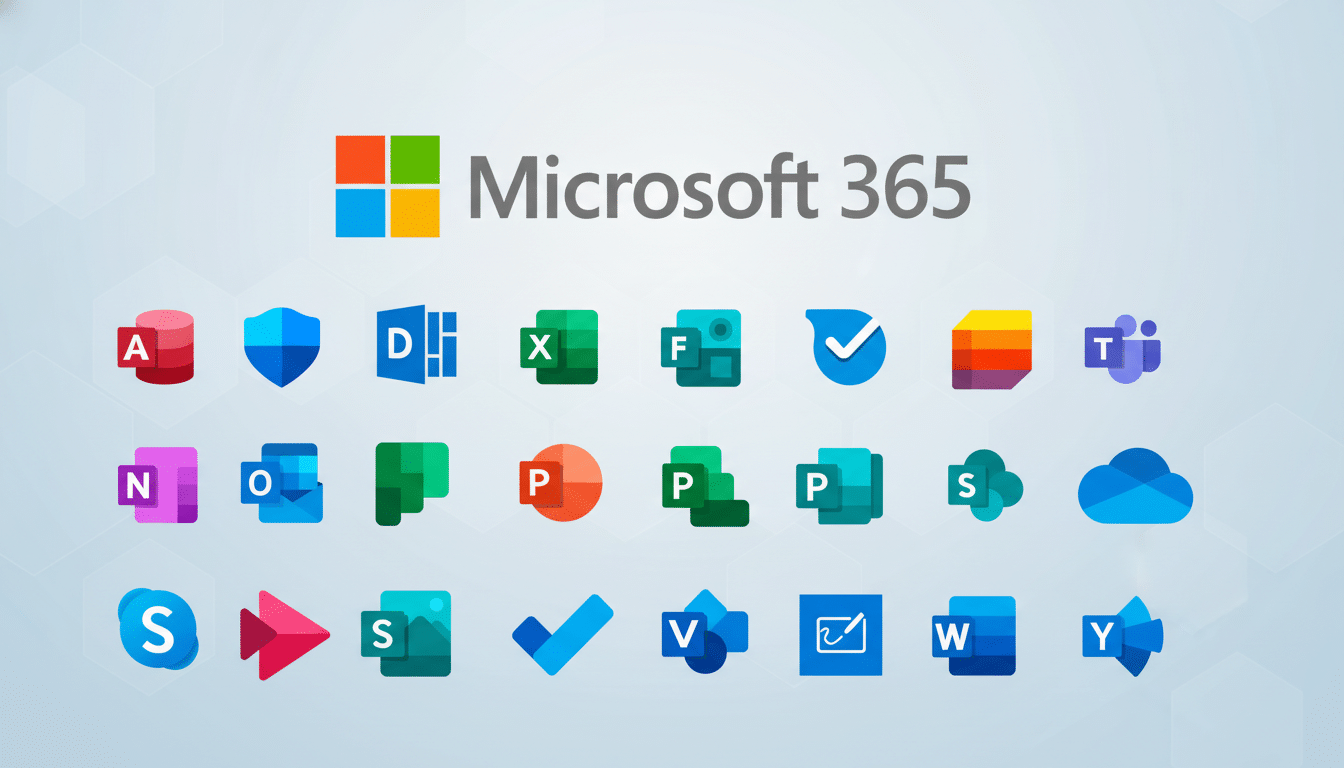 ** Microsoft 365 logo and a grid of various Microsoft application icons against a subtle patterned grey background. **
