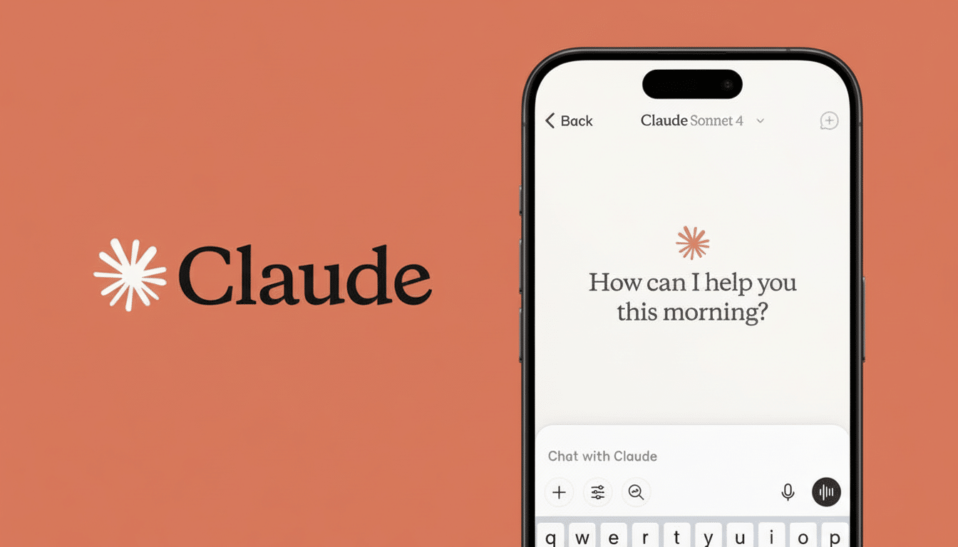 A professional image showcasing the Claude AI logo on an orange background next to a smartphone displaying the Claude app interface with the text How