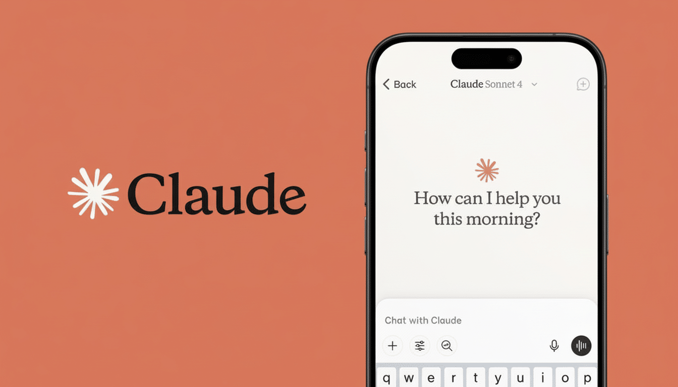 The Claude logo and a smartphone displaying the Claude AI chat interface with the text How can I help you this morning?