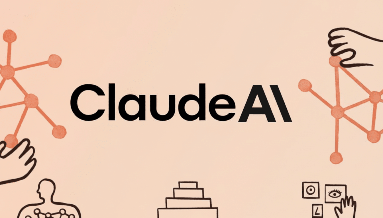 The Claude AI logo is centrally displayed in black text on a light orange background, surrounded by various line art illustrations of interconnected n
