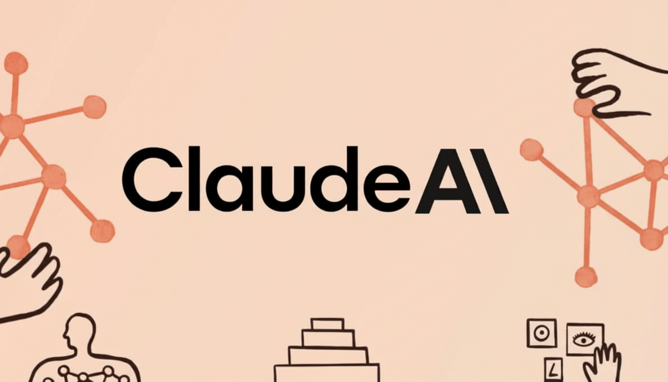 The Claude AI logo is centrally displayed in black text on a light orange background. Sur rounding the text are minimalistic line art illustrations in