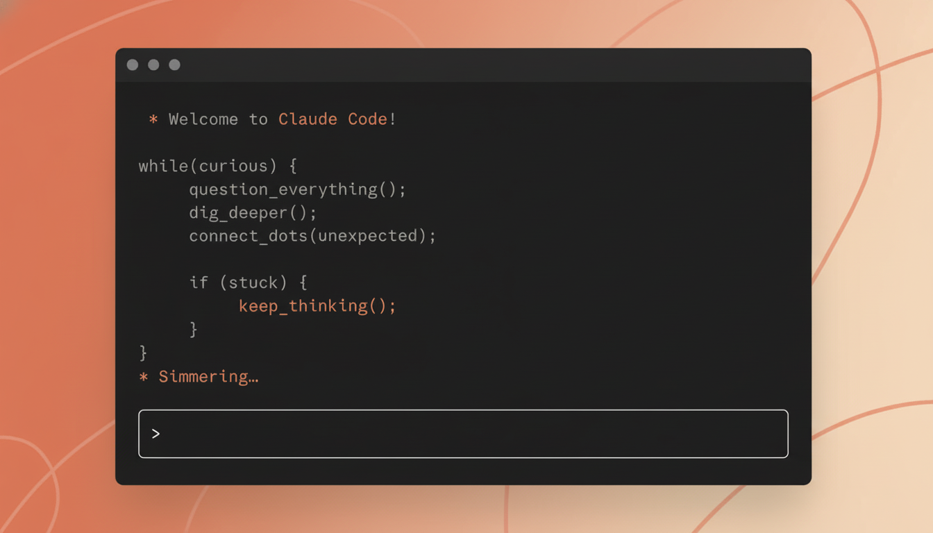 A dark-themed code editor window displaying a Welcome to Claude Code! message and a snippet of pseudocode with a curious loop and a conditional statement for when stuck, set against a soft orange background with subtle, abstract patterns.