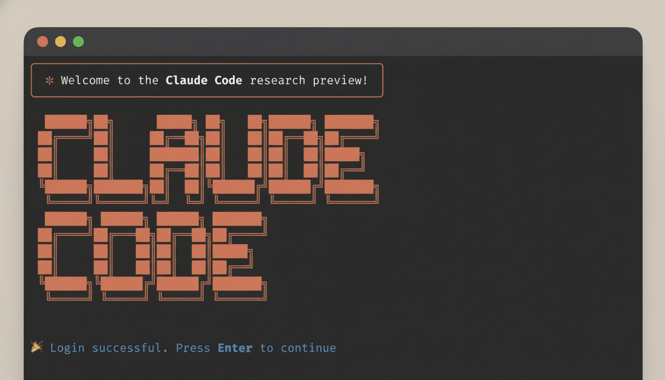 A screenshot of a Claude Code research preview interface , displaying Welcome to the Claude Code research preview! and Login successful. Press Enter to continue on a dark background within a stylized window. Filename : claude coderesearch preview.png