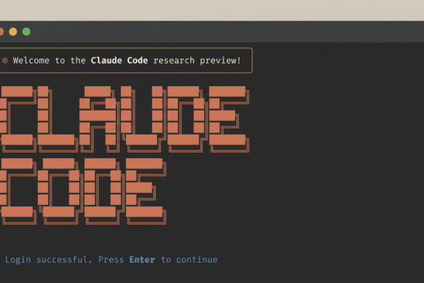 A professional desktop screenshot of the Claude Code research preview, displaying block y orange text on a dark terminal background with a welcome message and login confirmation .