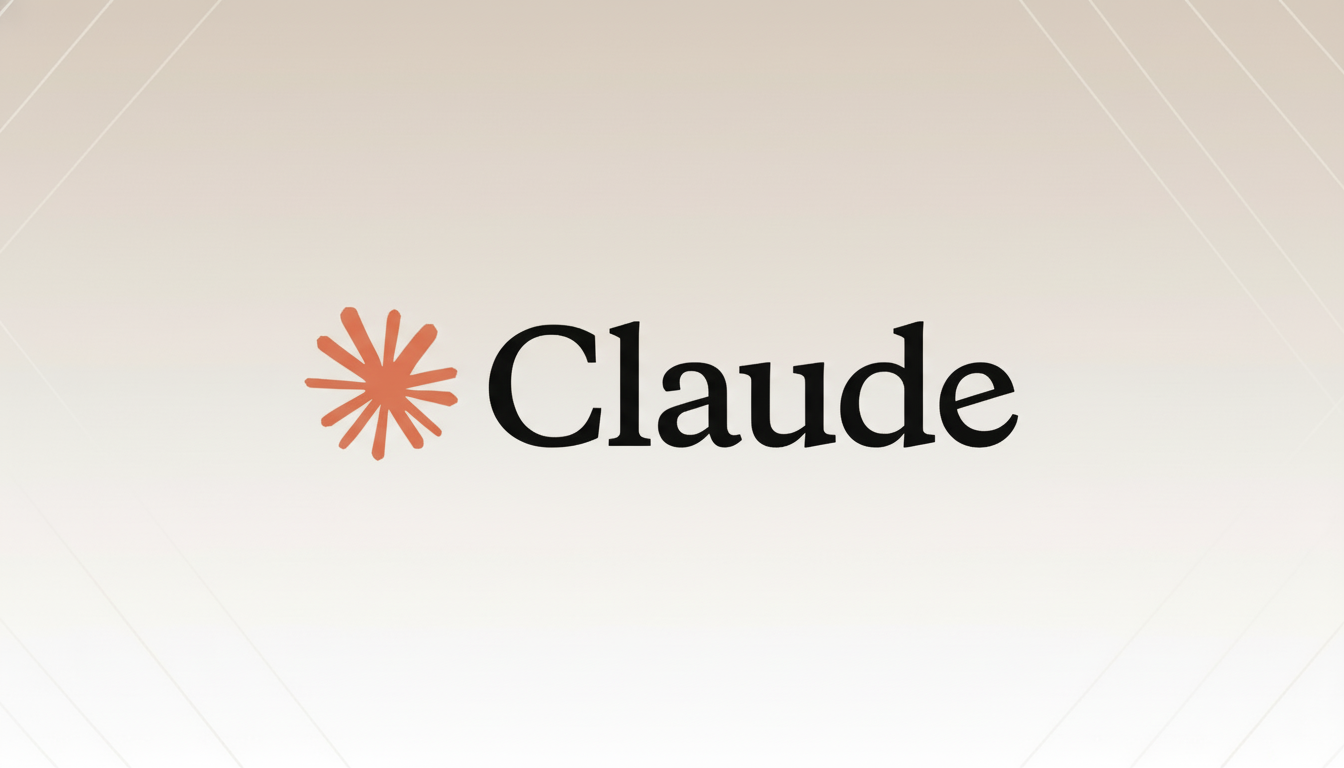 The Claude logo, featuring an orange starburst icon to the left of the word Claude in black text, presented on a professional light beige background with subtle geometric patterns.