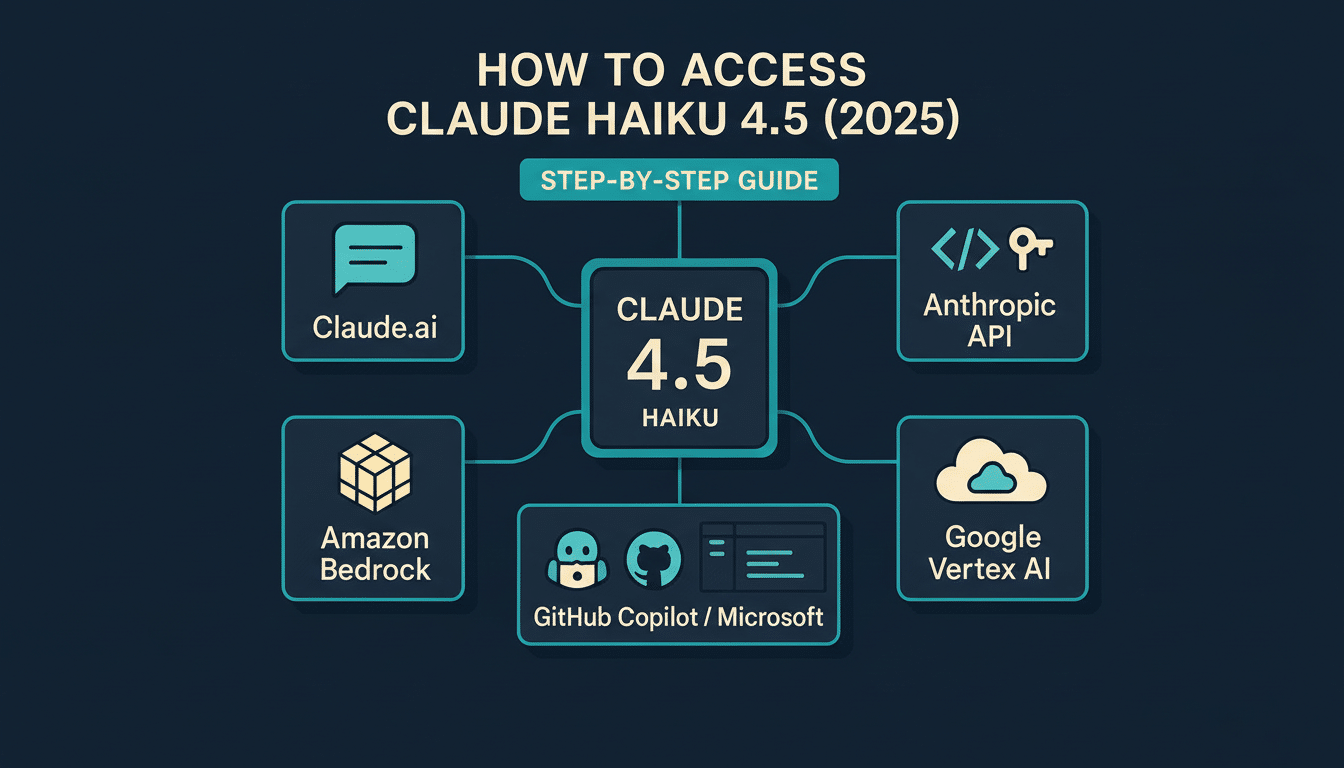Diagram showing how to access Claude Haiku 4.5 ( 2025 ) through various platforms including Claude.ai, Anthropic API, Amazon Bedrock, Google Vertex AI, and GitHub Copilot / Microsoft. Filename : claude haiku4 .5access diagram.png