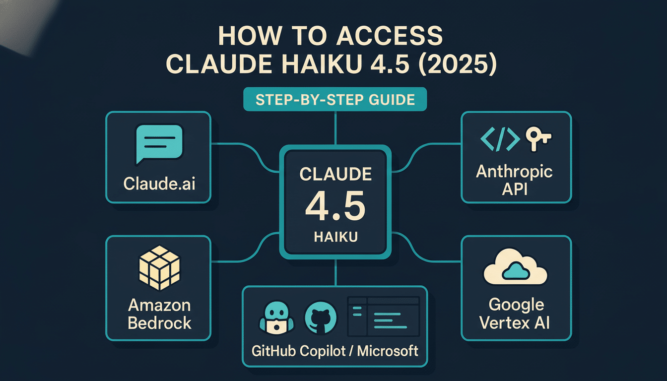 A step-by- step guide illustrating five ways to access Claude Haiku 4 .5, including Claude.ai , Anthropic API , Amazon Bedrock , Google Vertex AI, and GitHub Copilot/ Microsoft. Filename : claude haiku4 .5access guide.png