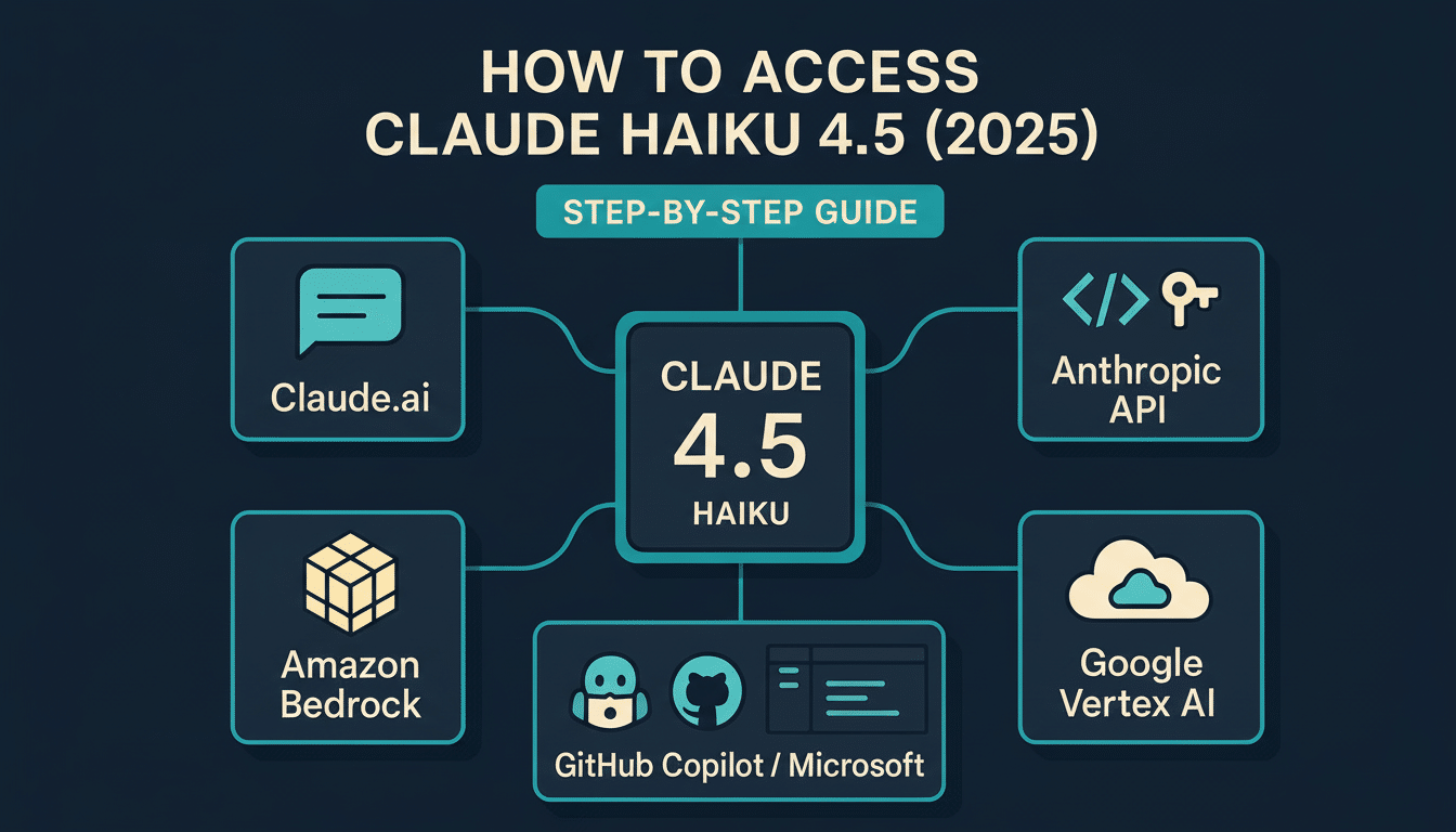 A step -by-step guide illustrating how to access Claude Haiku 4.5 (202 5) through various platforms: Claude. ai, Anthropic API, Amazon Bed rock, Google Vertex AI, and GitHub Copilot / Microsoft. Filename : claude haiku4 .5access guide.png