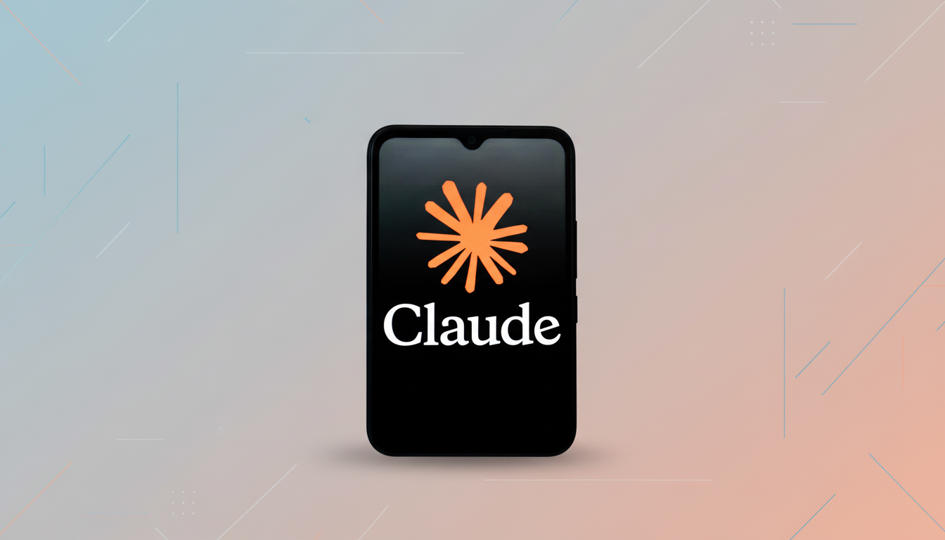 A smartphone displaying the Claude AI logo and name on a black screen, set against a professional flat design background with soft blue and orange gradients and subtle geometric patterns.