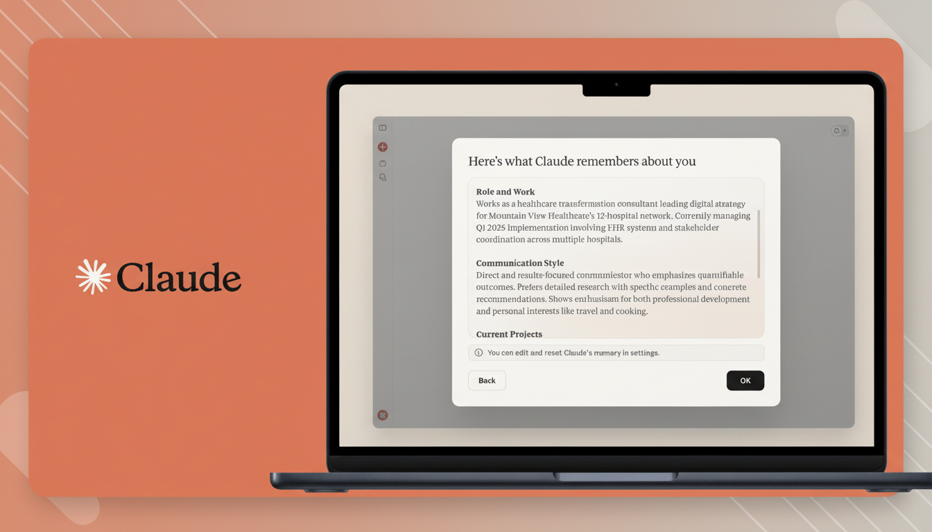 A laptop displaying a Heres what Claude remembers about you pop-up, with the Claude logo on an orange background to the left.