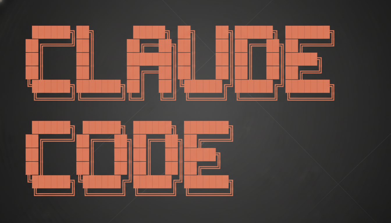 The words CLAUDE CODE are displayed in a blocky, pixelated orange font with a subtle outline, set against a dark gray background with a faint, professional flat design pattern.