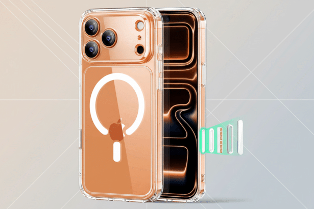 A clear smartphone case with a white circular MagSafe logo on an orange-gold phone, next to a black phone screen showing an illuminated circuit pattern and a green signal indicator .