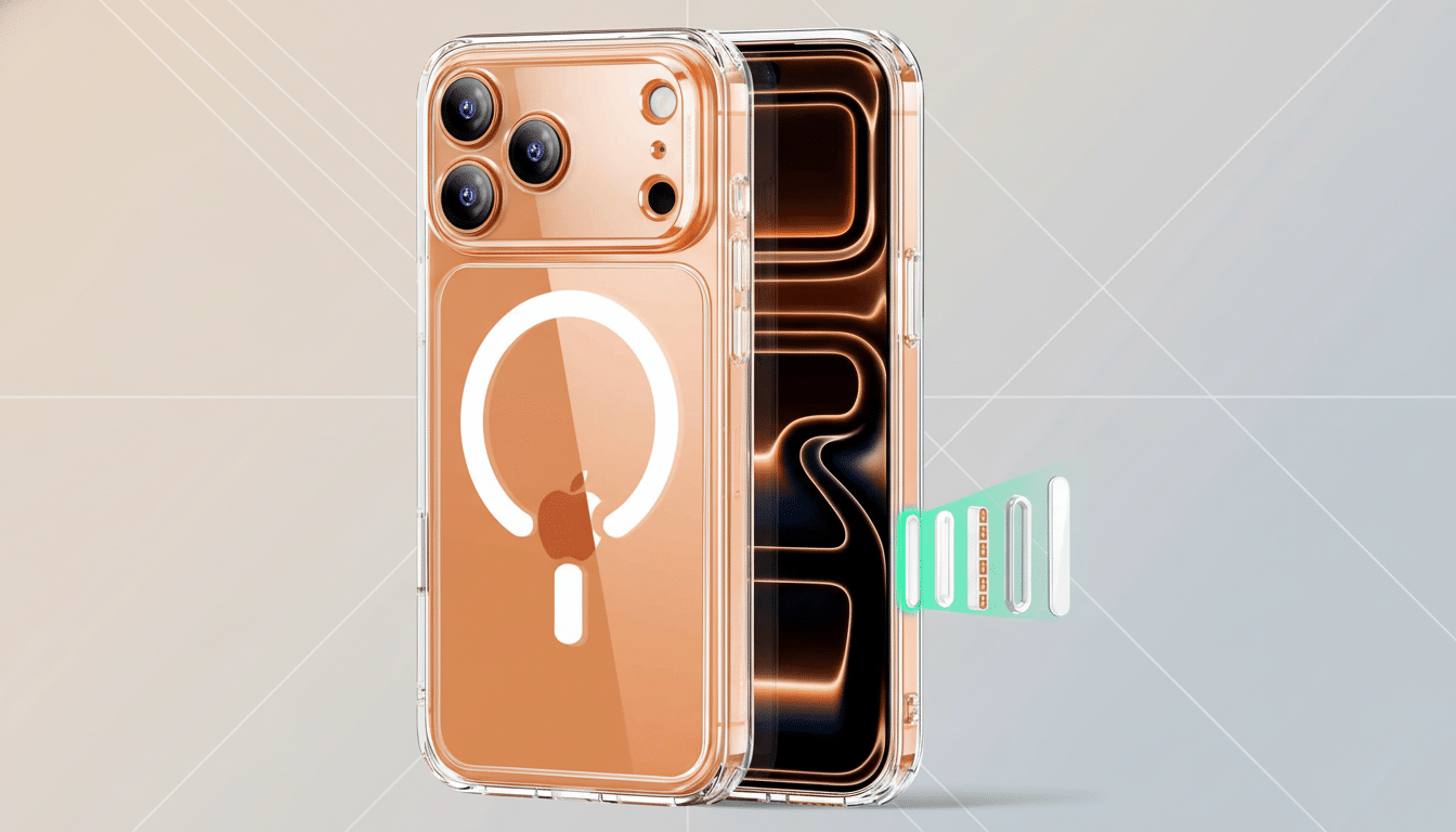 A clear smartphone case with a white circular MagSafe logo on an orange-gold phone, next to a black phone screen showing an illuminated circuit pattern and a green signal indicator .