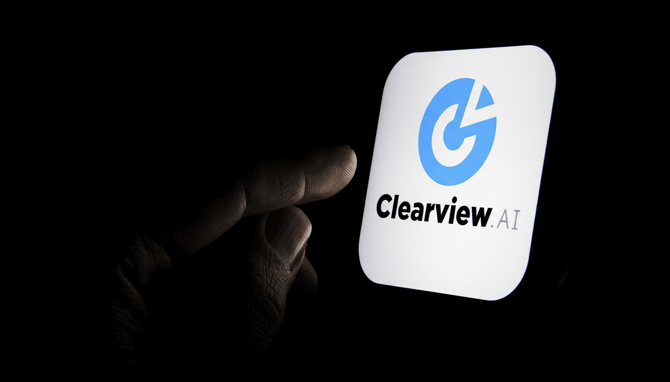 The Clear view AI logo displayed on a smartphone screen, with a finger pointing towards it, against a dark background.