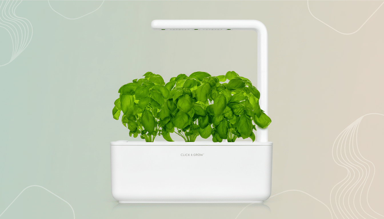 A Click & Grow smart garden, white and rectangular, with lush green basil growing under its LED grow light, set against a soft gradient background wit