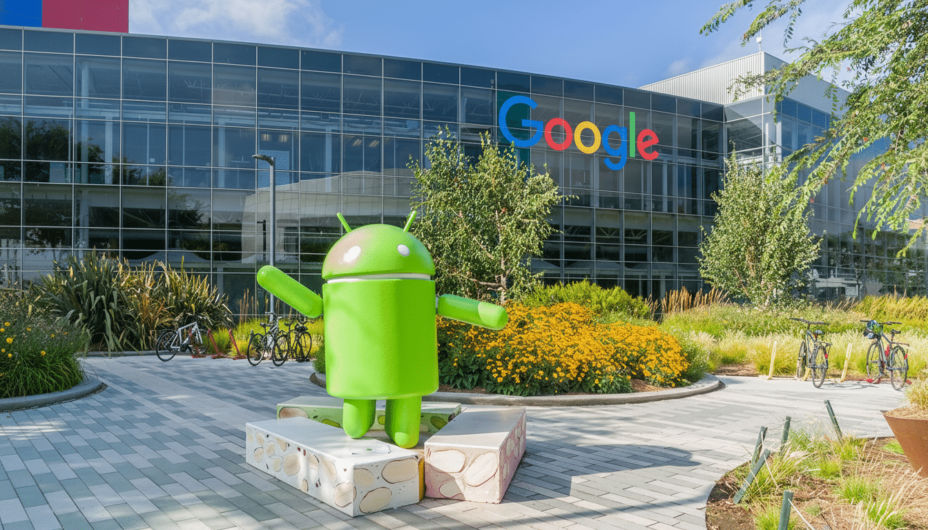 The Google Android mascot statue stands in front of a Google building with lush landscaping. Filename : google androidbuilding . png