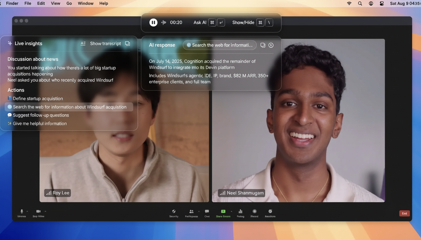 A screenshot of a video conferencing application with two participants, Roy Lee and Neel Shanmugam, and an AI assistant providing live insights and responses during a discussion about startup acquisitions.