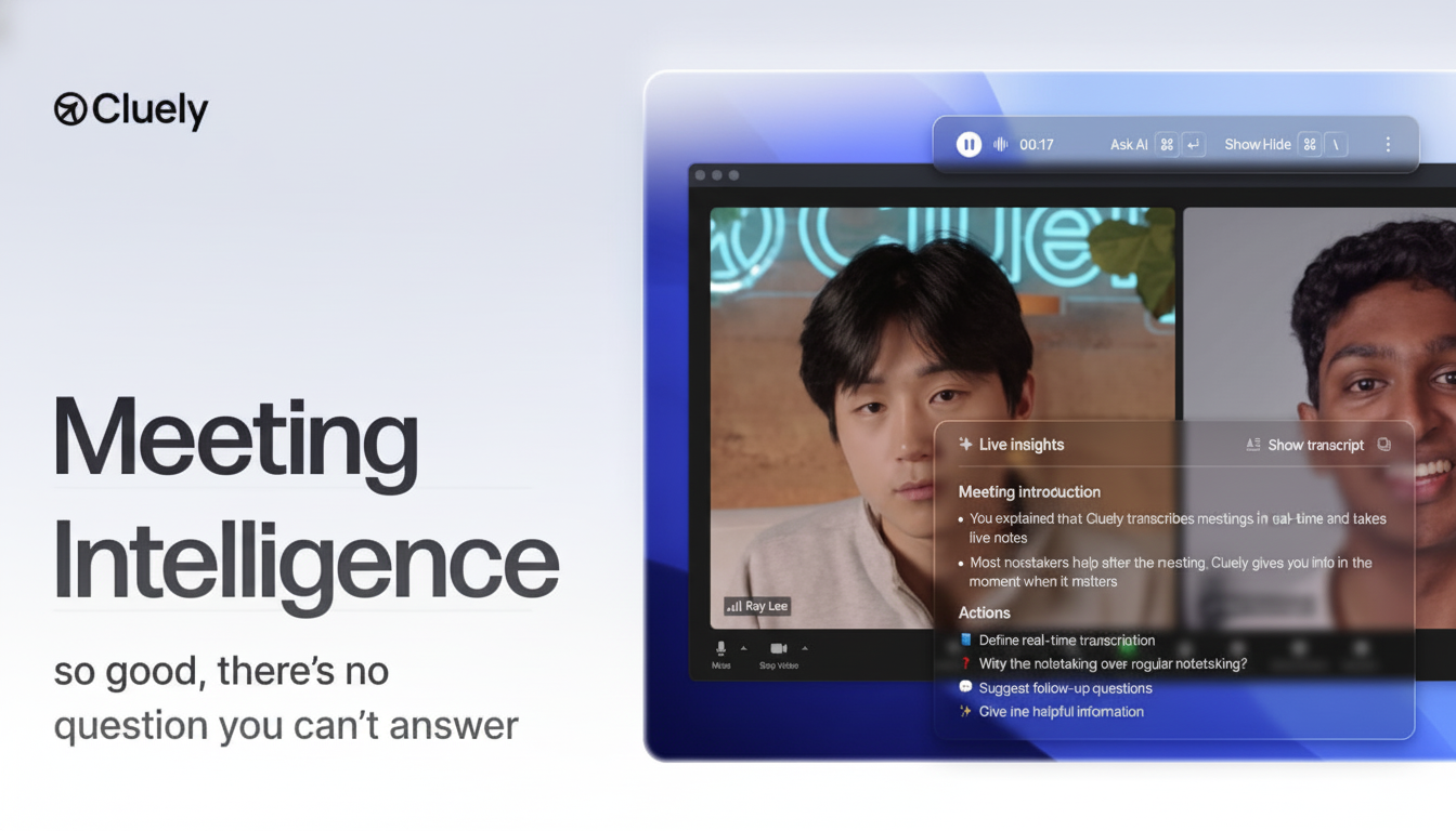 A professional image with Meeting Intelligence text on the left and a video conferencing interface on the right, featuring two participants and live insights from Cluely.
