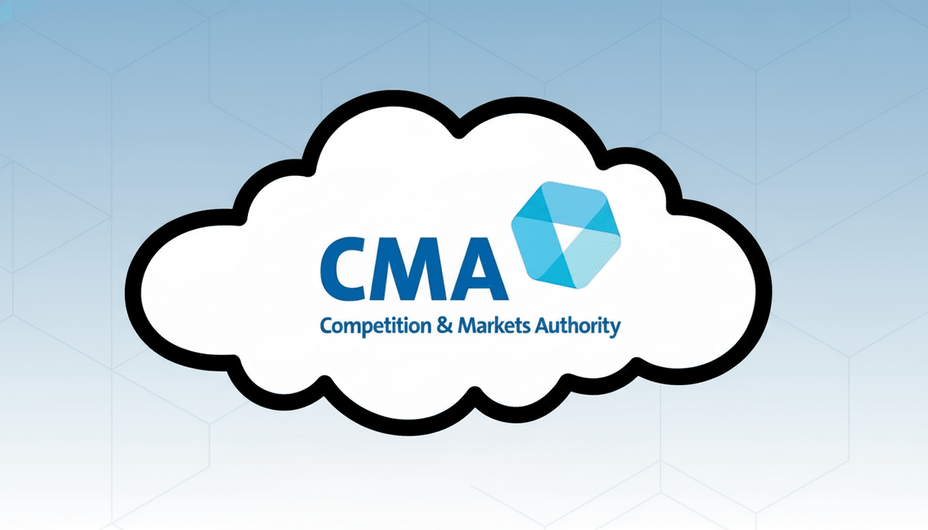The CMA ( Competition & Markets Authority) logo , featuring a blue CMA with Competition & Markets Authority below it , and a blue geometric icon, all enclosed in a white cloud outline , set against a light blue professional flat design background with subtle hexagonal patterns. Filename : cma logo cloudprofessional background.png