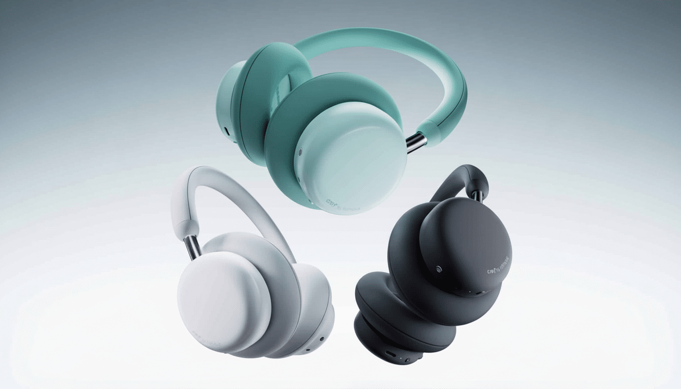 Three premium wireless headphones in white, black, and teal, showcasing a professional and clean design.