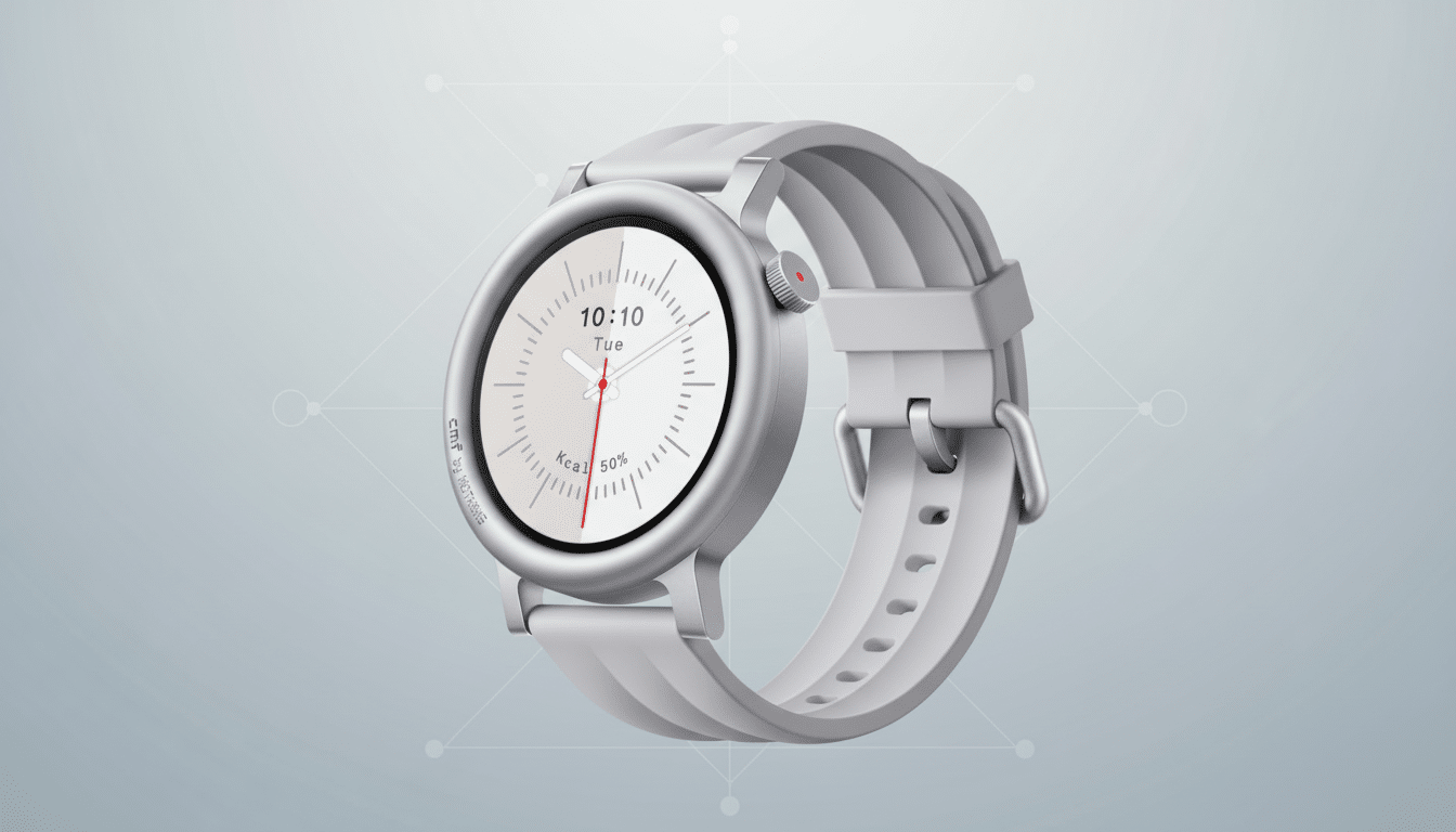 A C MF by Nothing smartwatch with a white face and light grey band , professionally presented against a light grey background with subtle geometric patterns .