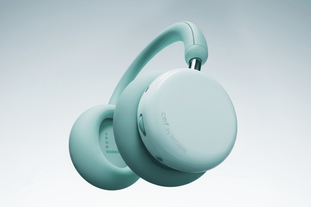 A pair of light teal C MF by Nothing headphones are shown against a soft gradient background, maintaining a professional and clean aesthetic with an enhanced 16: 9 aspect ratio.