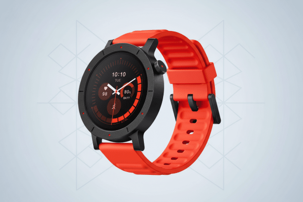 A modern smartwatch with a black circular face and a vibrant red textured strap, displayed against a light gray background with a subtle geometric pattern.