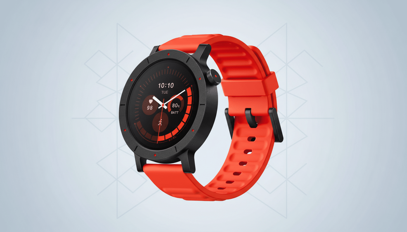 A modern smartwatch with a black circular face and a vibrant red textured strap, displayed against a light gray background with a subtle geometric pattern.