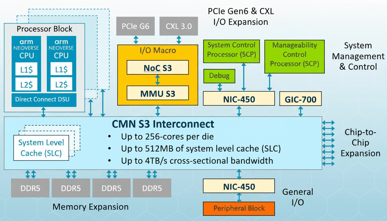 A block diagram of a CM N S3 Inter connect system , showing components like processor blocks with Arm Neover se CPUs, memory expansion with DDR 5, I/ O expansion, system management and control, and chip -to-chip expansion.