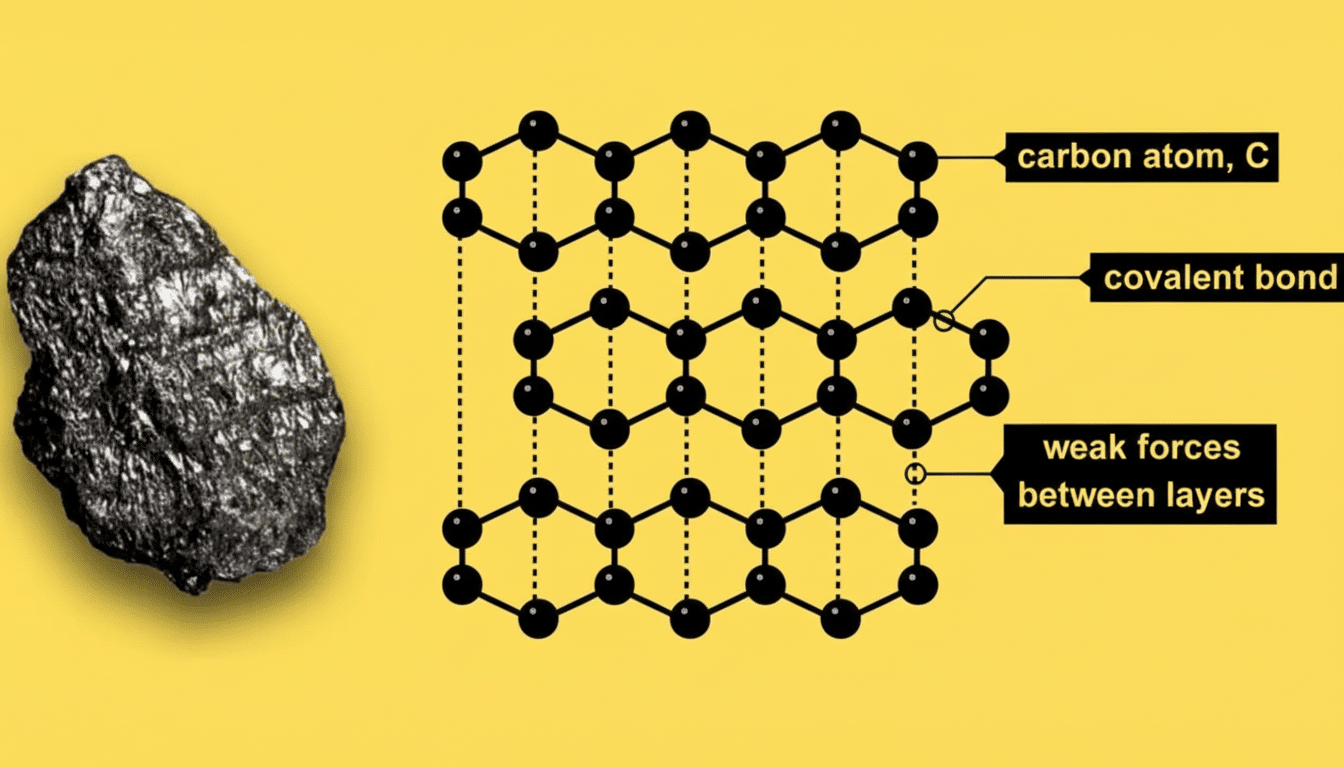 An image showing a piece of coal and a diagram explaining its layered molecular structure. Filename : coalmolecular structurediagram .png