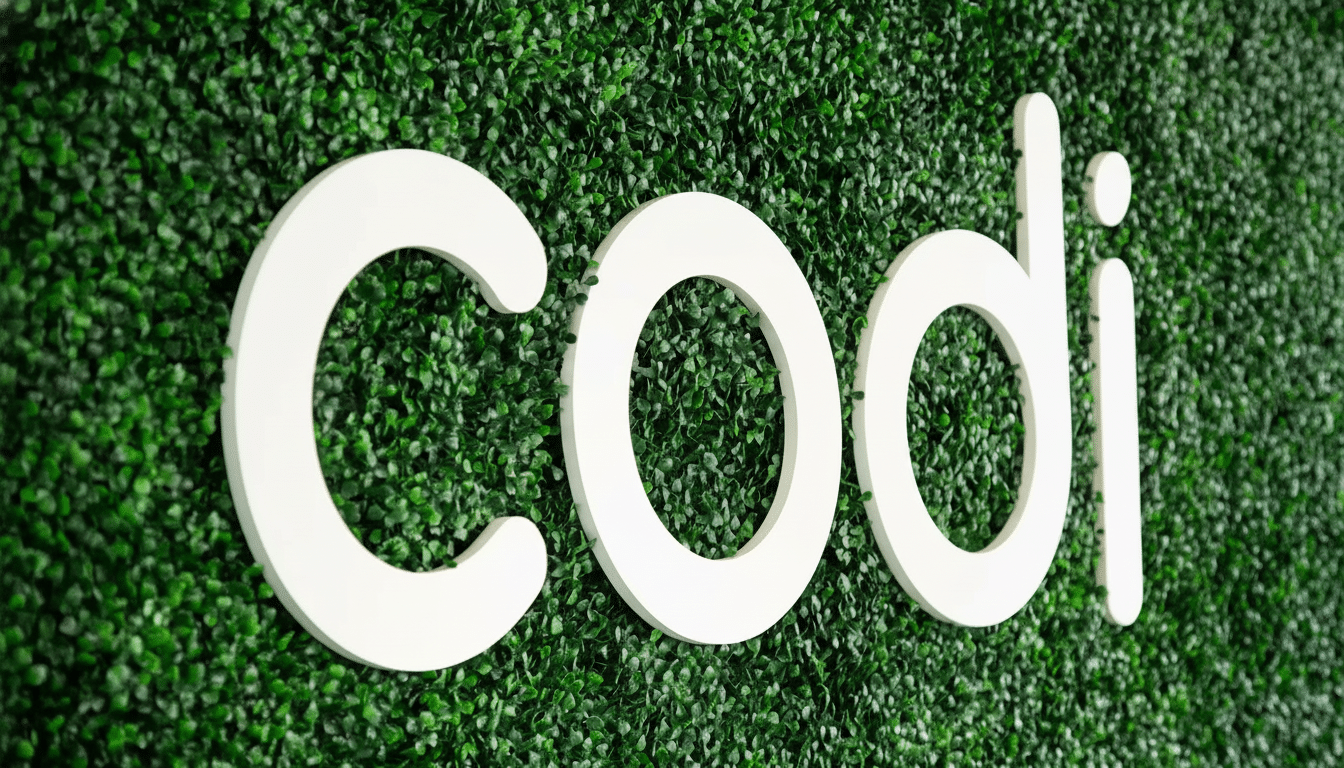 The white  codi logo prominently displayed on a vibrant green wall made of artificial foliage.