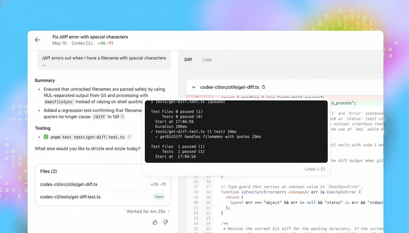 A professional screenshot showing a code diff and testing results in a development environment. The main focus is on the diff of a file named `get -di