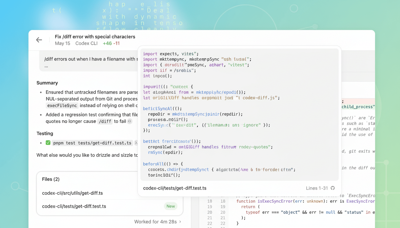 A professional screenshot showing a code editor interface with a file difference view and code snippets, set against a teal background with subtle abs